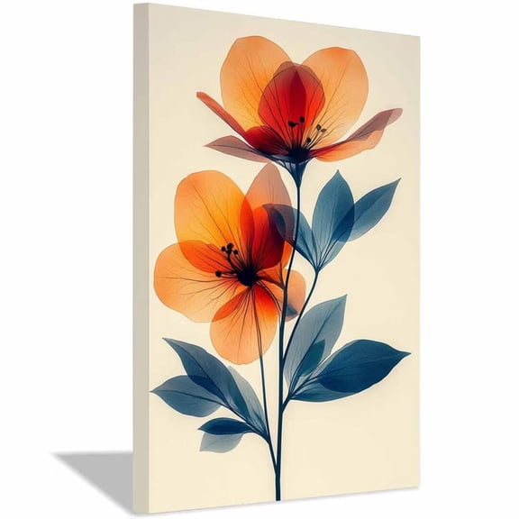 Mudket Orange and Blue Flower Canvas Wall Art, Framed Ready to Hang, Modern Botanical Print, Elegant Wall Decor for Bedroom Bathroom - 12"L x 8"W