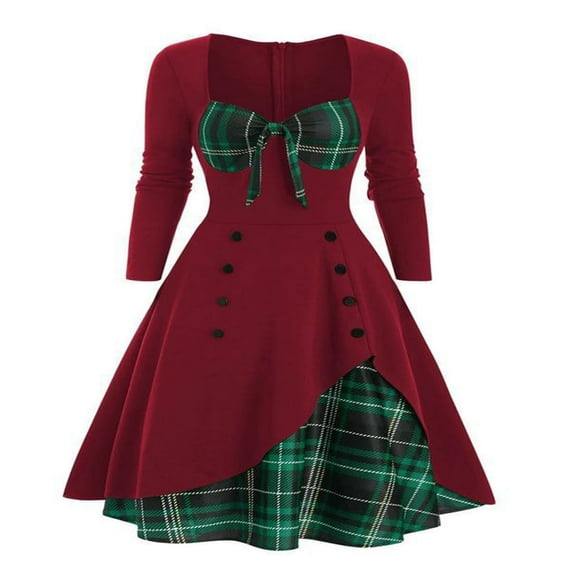 Women‘s Midi Dress with Plaid Patchwork and Sweetheart Neckline
