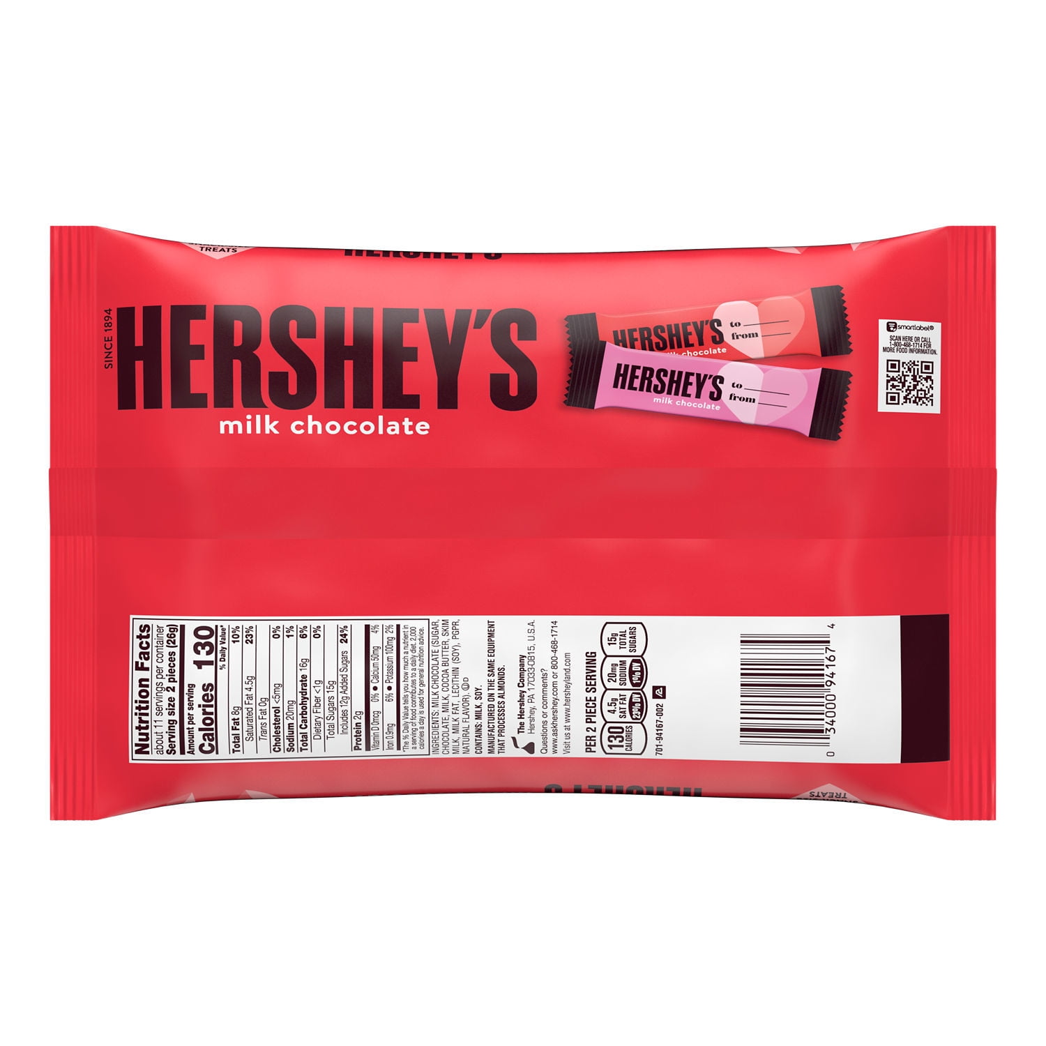 HERSHEY'S Milk Chocolate Snack Size, Valentine's Candy Bag, 9.9 oz (22 Pieces)