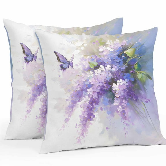 Oil Painting Outdoor Pillow Covers Pack of 2 Art Purple Lavender Butterfly Waterproof Throw Pillow Covers Decorative Cushion Cases for Patio Garden Tent Balcony Couch 26x26 inch