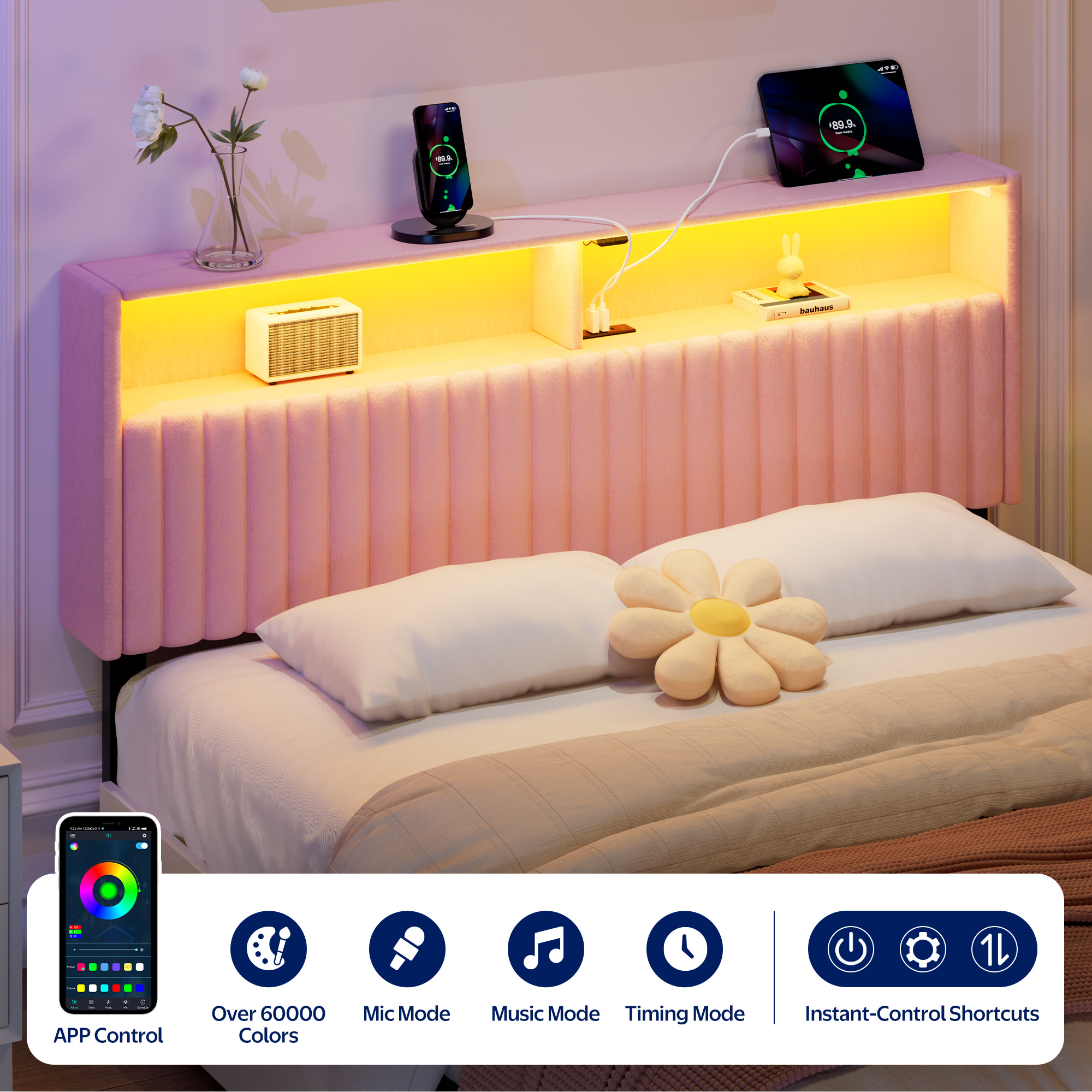 Greenstell Full Size Adjustable Storage Headboard Only - Modern Upholstered Head Board with LED Lights, Charging Station & Soft Padding, Pink