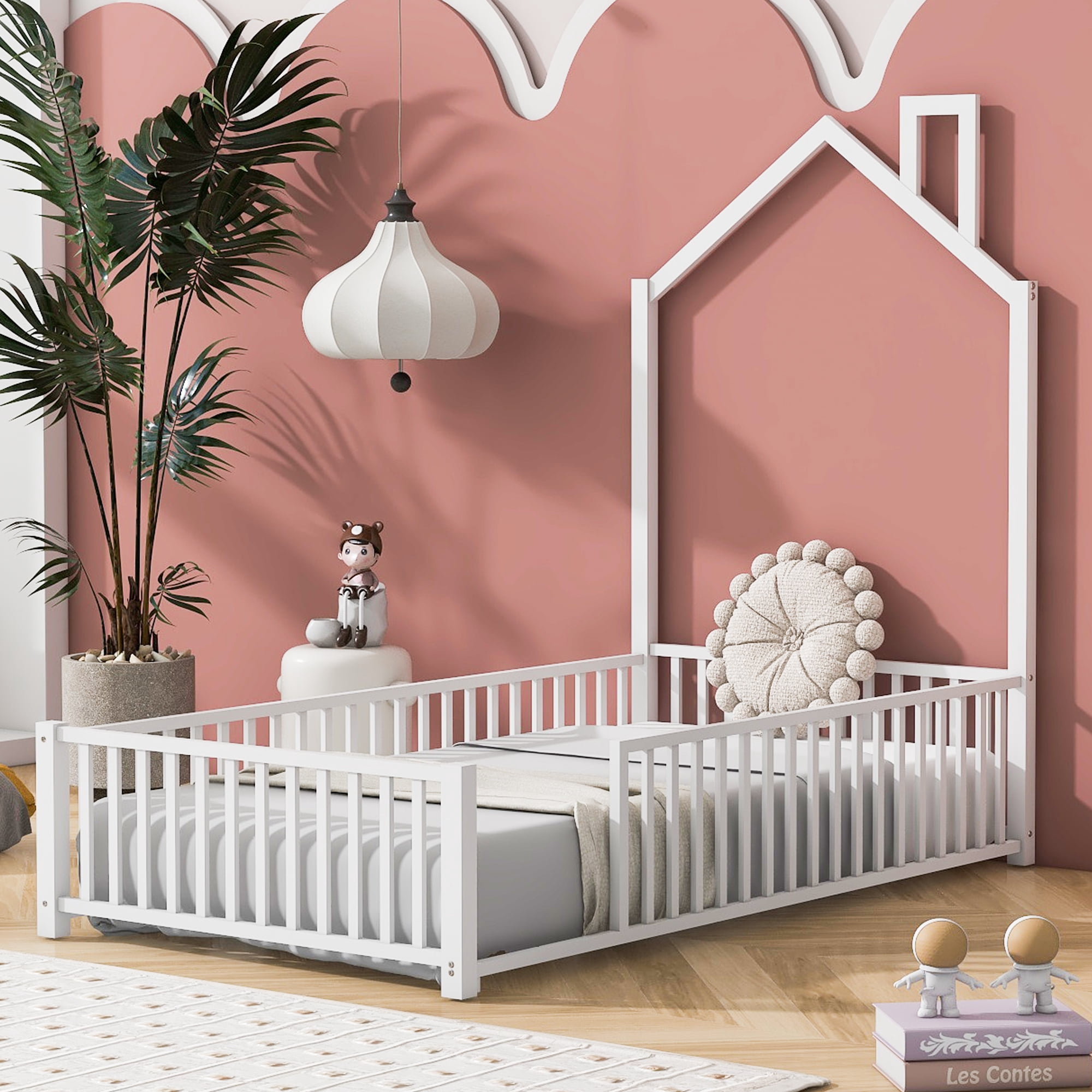 MODERNLUXE Twin Size Platform Bed Frame, House Floor Bed with Guardrail and Chimney, White