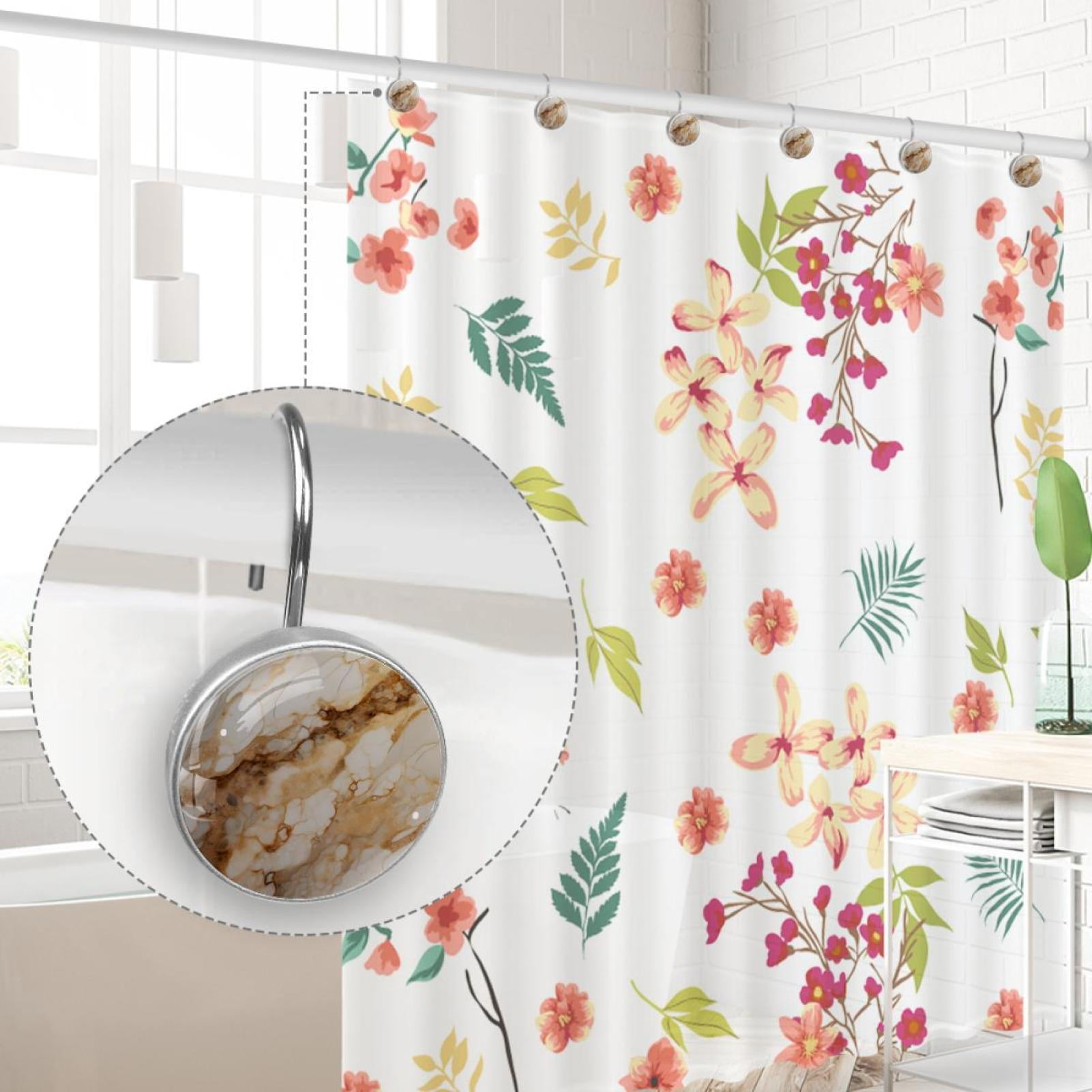 Marble Texture Shower Curtain Hooks （Set of 12） for Home Hotel Shower Rods Bathroom Crystal Glass Print Stainless Steel Round Curtain Hooks