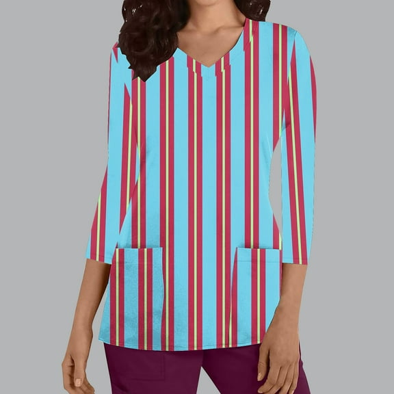 Frostluinai Nursing Scrubs for Women 3/4 Sleeve V Neck Soft Scrubs Tunic Shirts Trendy Color Block Striped Working Uniforms with Pocket
