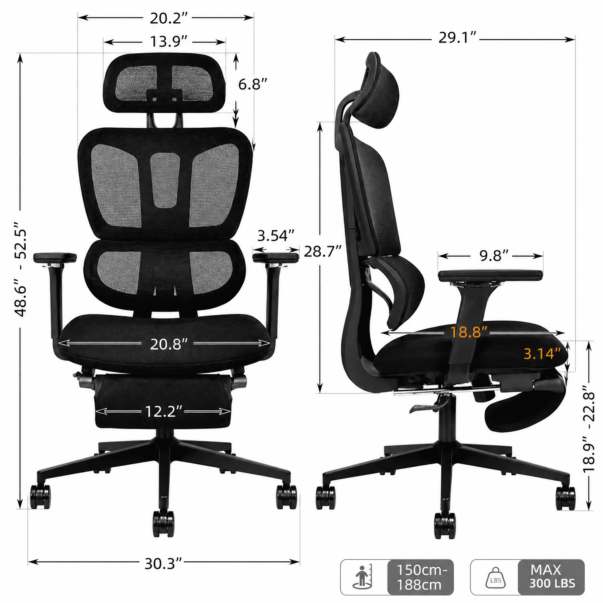 Ergonomic High Back Mesh Office Chair with Retractable Footrest, 2D Headrest & 4D Armrest, 90°-135° Reclining Sponge Cushion Computer Desk Chair