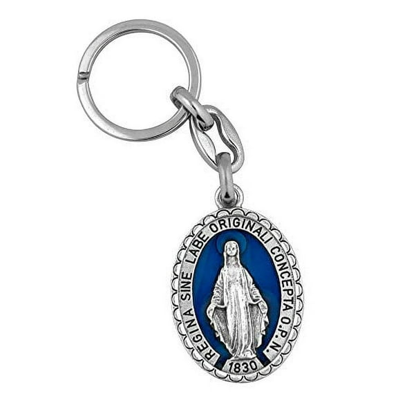 3" Miraculous Medal Keychain | 1 Inch Long Medal | Blue Colored Enamel or Plain Metal