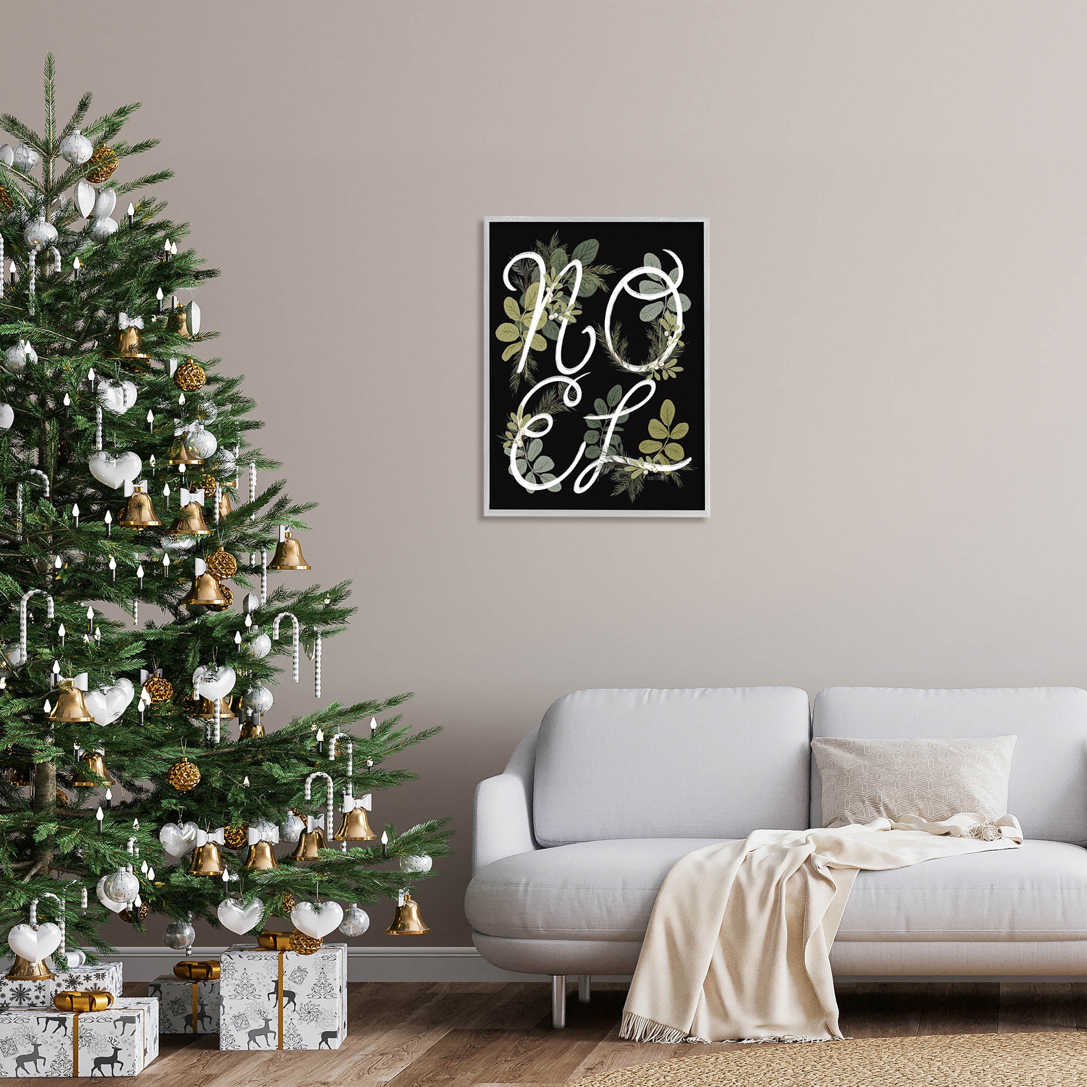 Noel Intertwined Botanical Leaves Holiday Graphic Art Gray Framed Art Print Wall Art