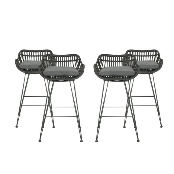 Baylor Outdoor Wicker Barstools with Cushions, Set of 2, Gray and Dark Gray
