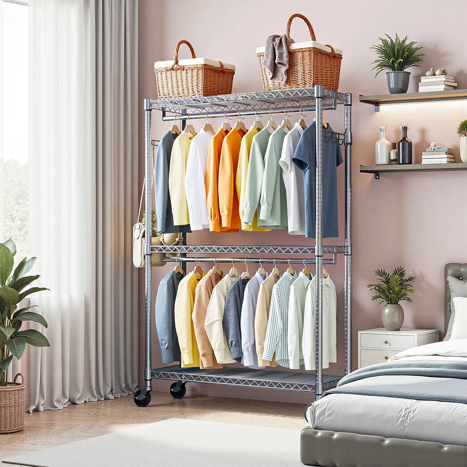 Heavy Duty Rolling Garment Rack, 3 Tiers Adjustable Wire Shelving Clothes Rack with 2 Rods and Side Hooks, Storage Closet Clothing Rack with Wheels Chrome 15.7" D x 45.3" W x 79.6" H