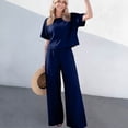 thumbnail image 4 of Bbyeadc Two Piece Linen Sets for Women Short Sleeve Crew Neck T-Shirt Solid Color Elastic Waist Pants Fashion Spring Travel Sets,Blue (XL), 4 of 5