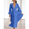 thumbnail image 2 of xiaxaixu Robe Longue Femme Couleur Unie Col en V Manches Longues Grande Balançoire Robe Boho Mode Printemps Automne Décontractée Ample Robe de Vacances, 2 of 7