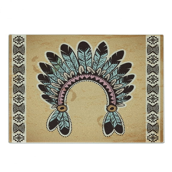 Tribal Cutting Board, Feather Headband on Vintage Background Folk Aztec Illustration, Decorative Tempered Glass Cutting and Serving Board, Small Size, Pale Brown Mint, by Ambesonne