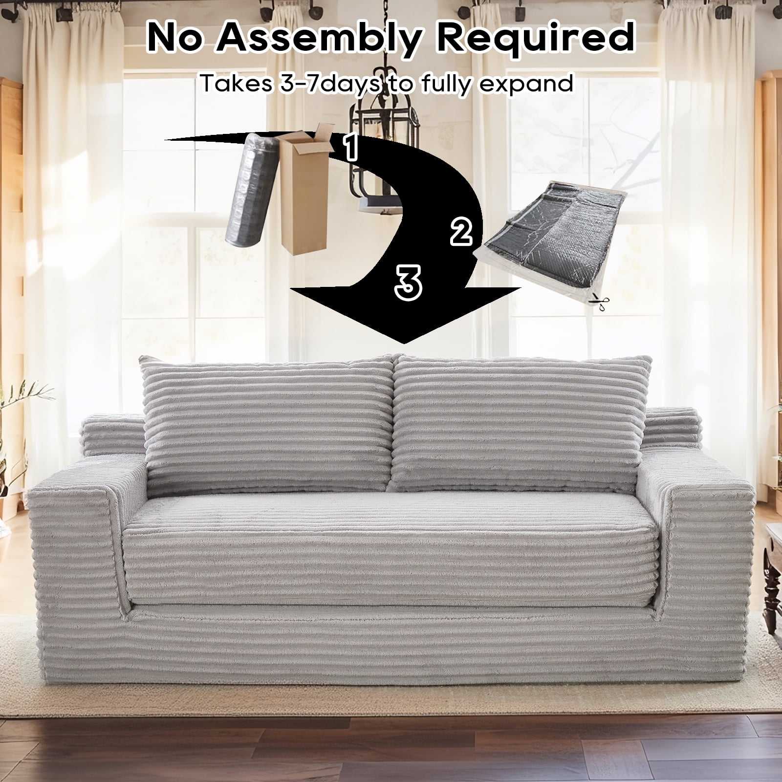Leumius Convertible Loveseat Compression Sofa for Living Room,Corduroy 2 Seater Couch Memory Foam Sofa for Small Spaces,Apartments,Office,Grey