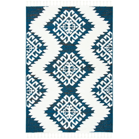 SAFAVIEH Moroccan Tassel Desmond Southwestern Shag Area Rug, Navy/Ivory, 10' x 14'