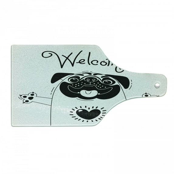 Pug Cutting Board, Black and White Dog with Welcome Word over Its Head Hospitality Happiness Image, Decorative Tempered Glass Cutting and Serving Board, Wine Bottle Shape, Black White, by Ambesonne