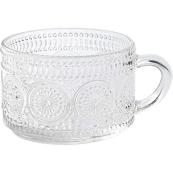 2025 Suitable Nordic style retro embossed glass 400ml retro glassware water cup clear glass coffee cup with handle