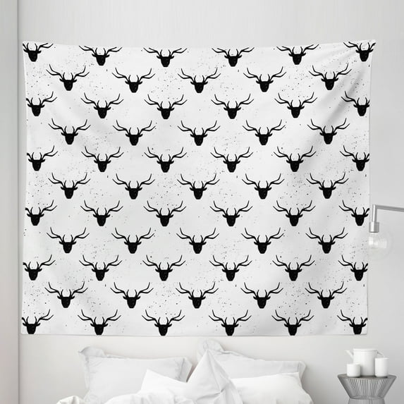 Deer Tapestry, Deer Head with Antlers Silhouette Form Stained Worn Background Animal Illustration, Fabric Wall Hanging Decor for Bedroom Living Room Dorm, 5 Sizes, Black White, by Ambesonne