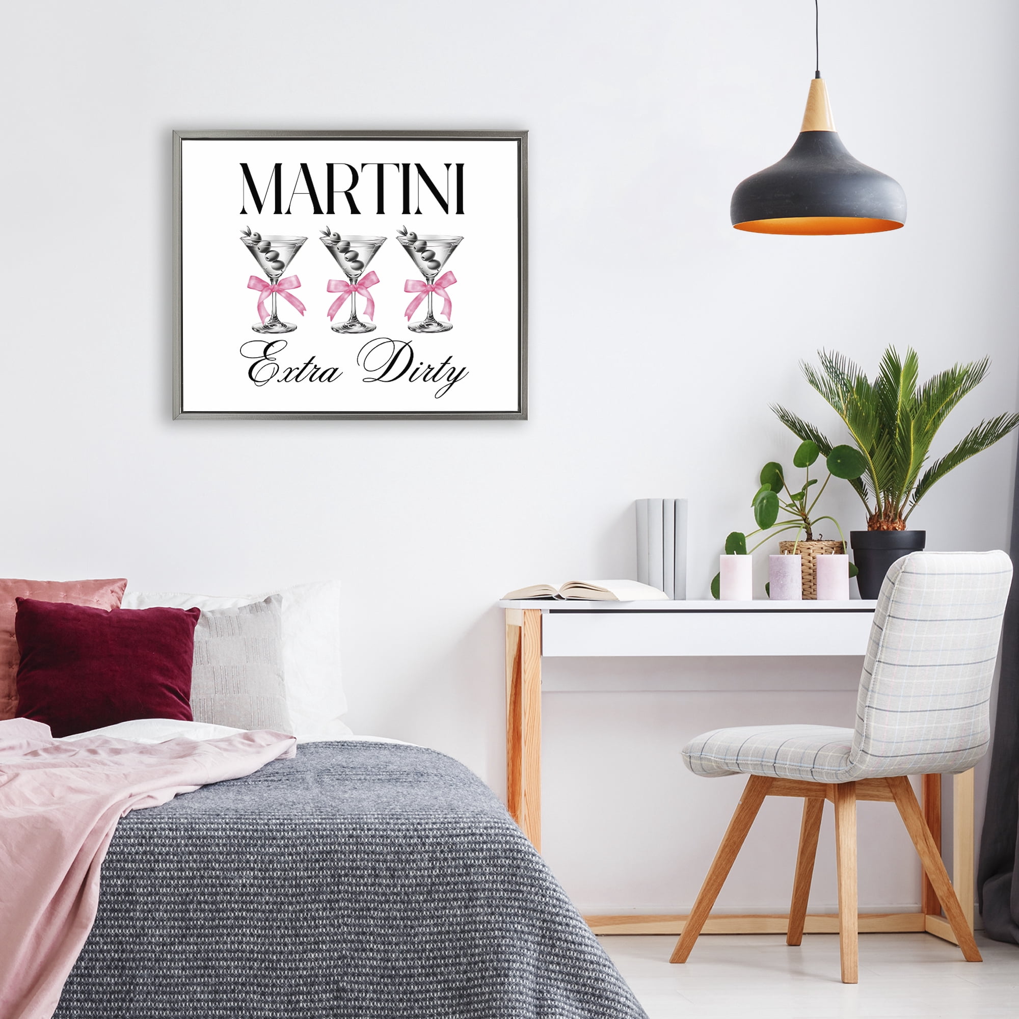 Stupell Industries Pink Ribbon Martini Trio Gray Framed Floater Canvas Wall Art, design by Lettered and Lined