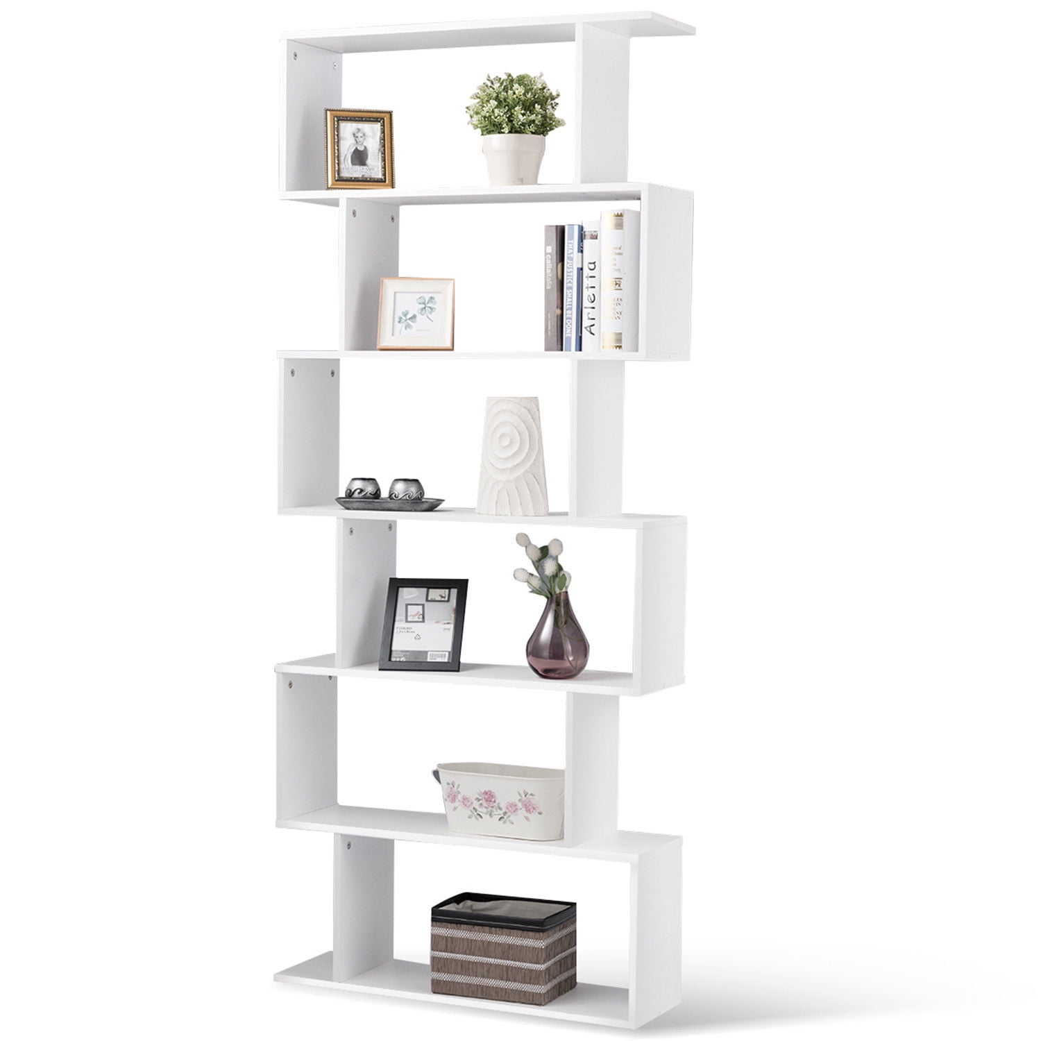 Gymax 6 Tier S-Shaped Bookcas Storage Display Modern Bookshelf Z-Shelf Style White