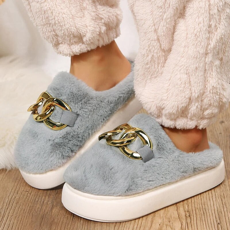 Luxury brand gray chain slippers women winter faux fur flat shoes platform ladies house slipper female home warm fluffy shoes