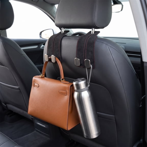Car Seat Headrest Double Hook Organizer – Premium Leather & Metal Bag Holder, Phone Mount for Back Seat, Space-Saving Purse Hanger for Wallets, Handbags, Shopping Bags (Multi-Pack)