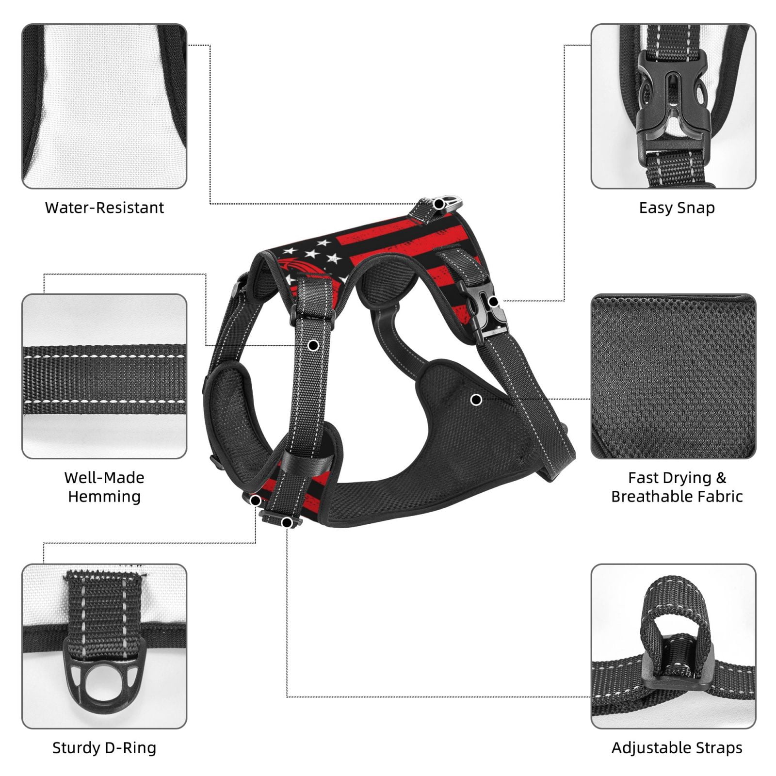 Naloa Nautical American Flag Pet Harness Vest with Traction Rope, Adjustable No-Choke Dog Vest for Outdoor, Walking - X-Large