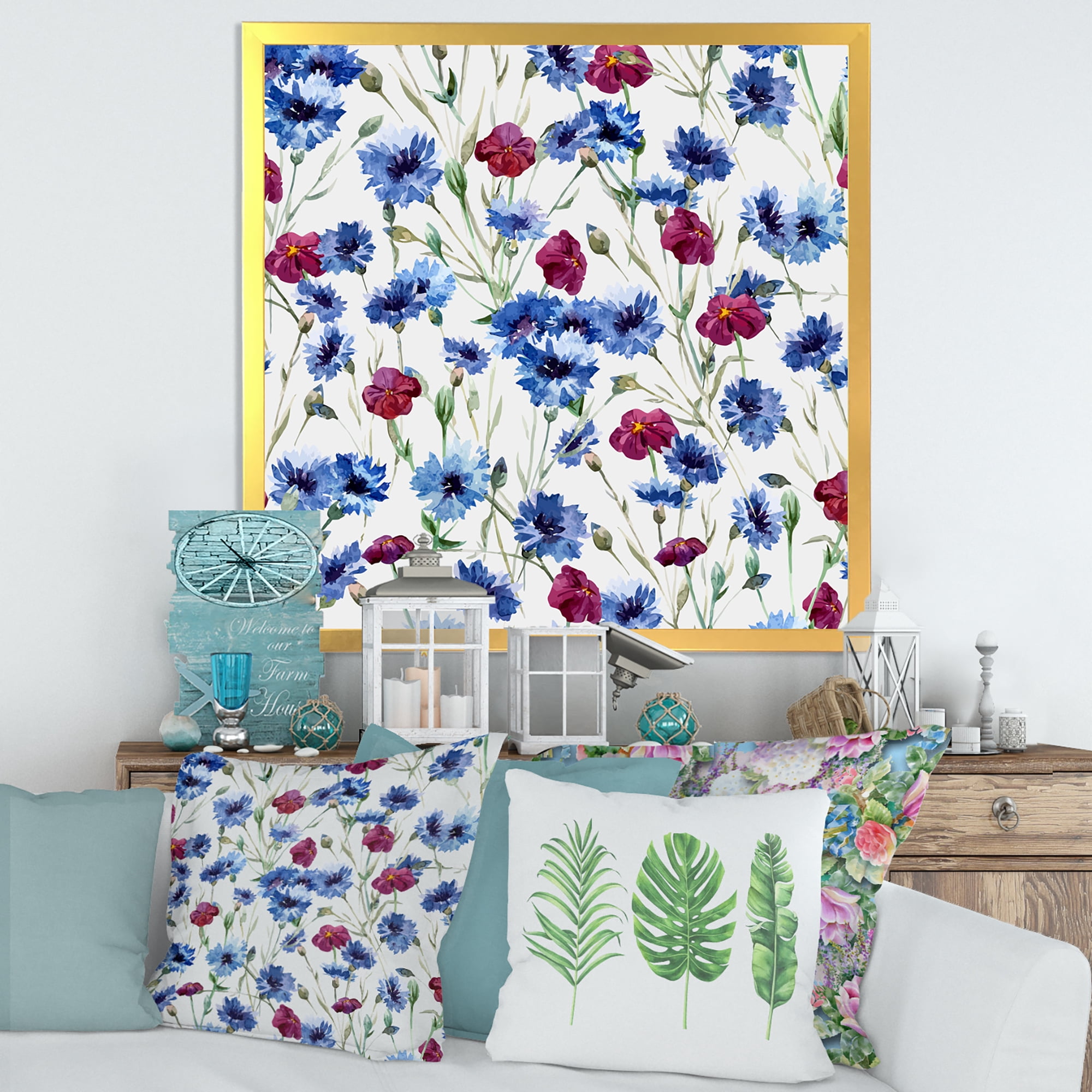 Designart 'Red and Blue Wildflowers' Traditional Framed Art Print