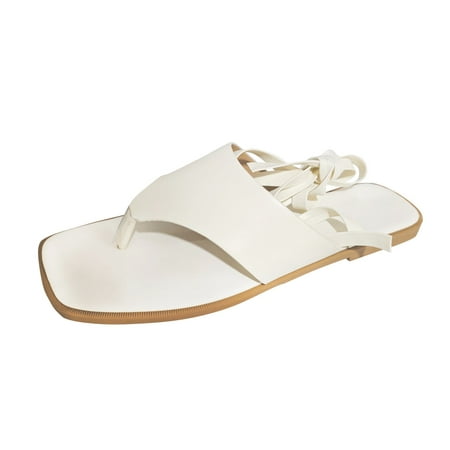 ZHAGHMIN Womens Sandal Heels Size7 Fashion Clip Toe Leather Strappy Sandals for Women Casual Comfortable Lace Up Ankle Strap Outdoor Thong Sandals White