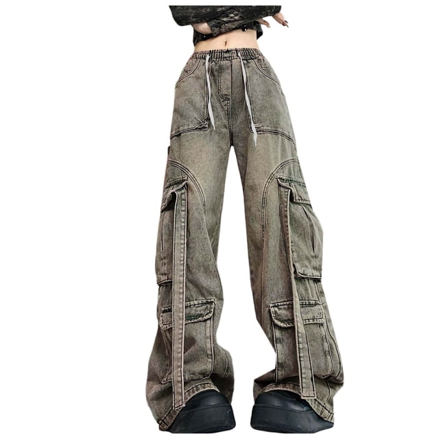 HBFAGFB Jeans Droits pour Femmes Pantalon Cargo Rétro Ample avec Poches Bleu Taille m