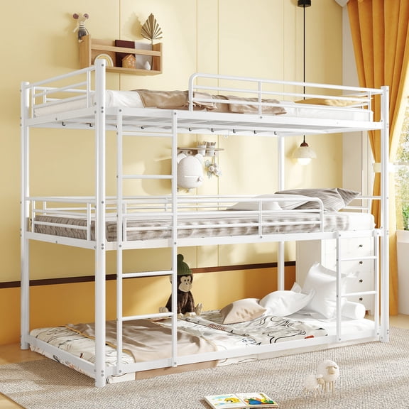 Twin Over Twin Over Twin Triple Bunk Bed Frame, Heavy Duty Detachable Bunk Beds for 3, Metal 3 Bunk Beds with 2 Ladder & Guardrail for Teens Adults (Black)