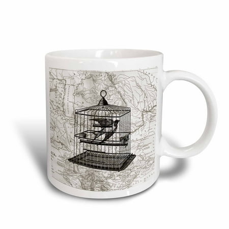 

3dRose Vintage Bird in Cage on Antique Map - Ceramic Mug 15-ounce