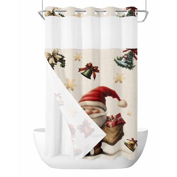 No Hook Shower Curtain with Snap in Liner,Christmas Santa Claus Dwarf Waterproof Bath Curtain Double Layers with See Through Top Window, Vintage Beige Linen Hotel Shower Curtains 36x72in