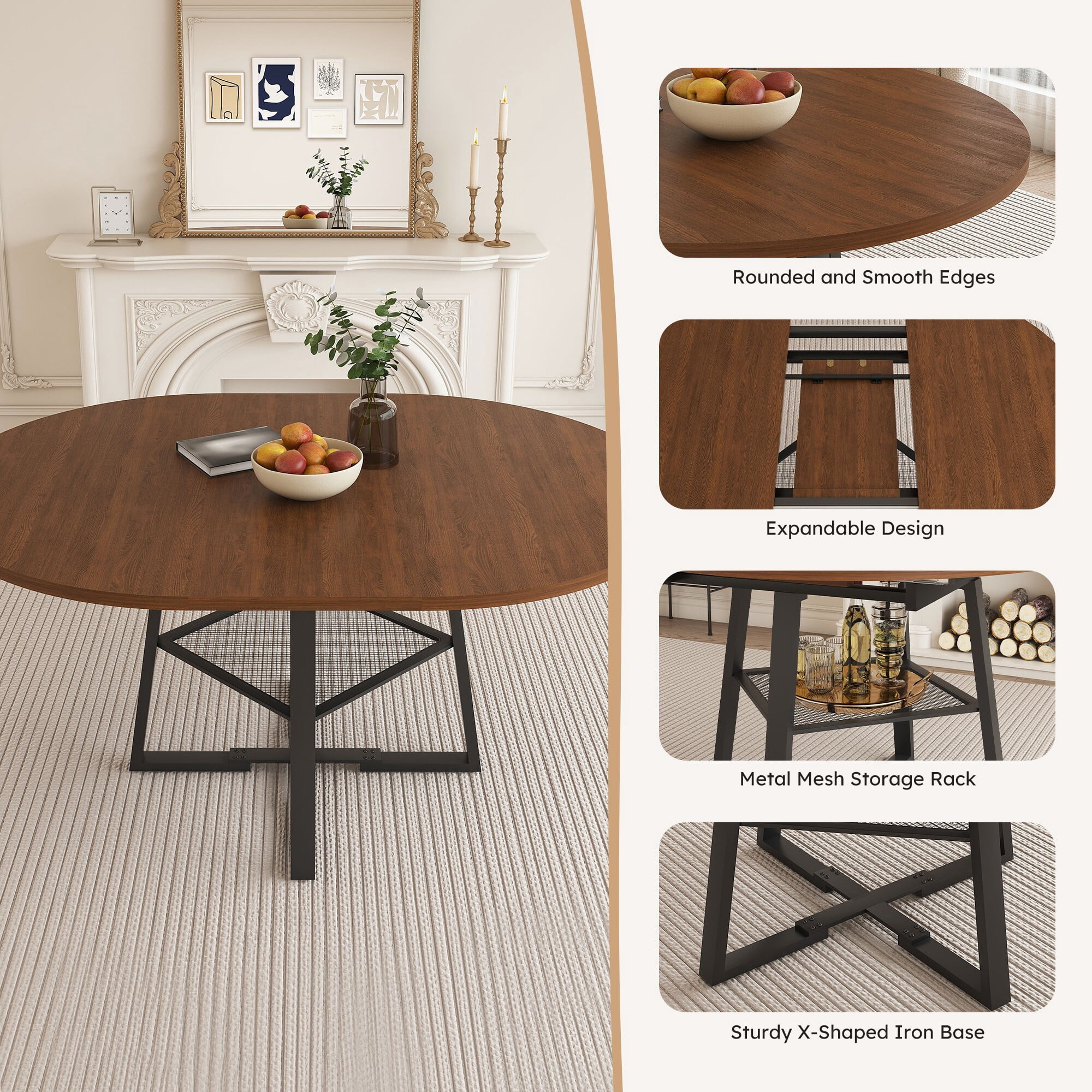 AENKYO 47-59" Extendable Round Dining Table for 4-8 People, Kitchen Table with Metal Storage Shelf, Walnut