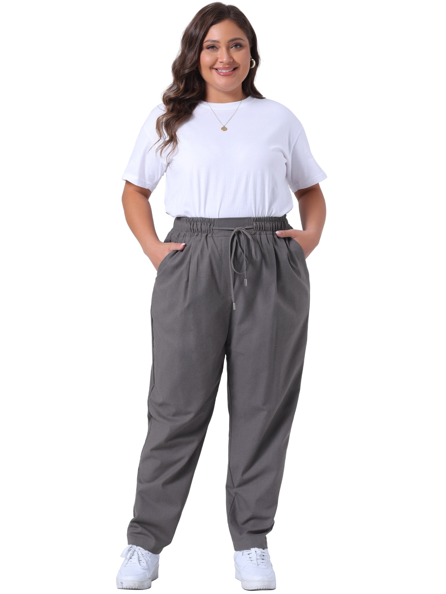 DARING DIVA Women's Plus Straight Leg Elastic Loose Pockets Trousers Grey 4X