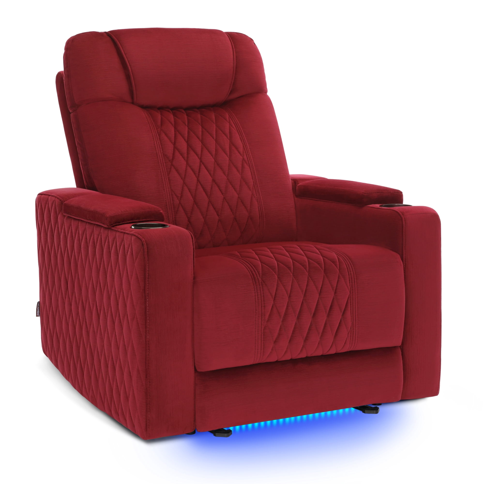 MCombo Power Recliner Chair with Power Headrest, LED Light, Armrest Storage for Living Room & Home Theater, Velvet, Red