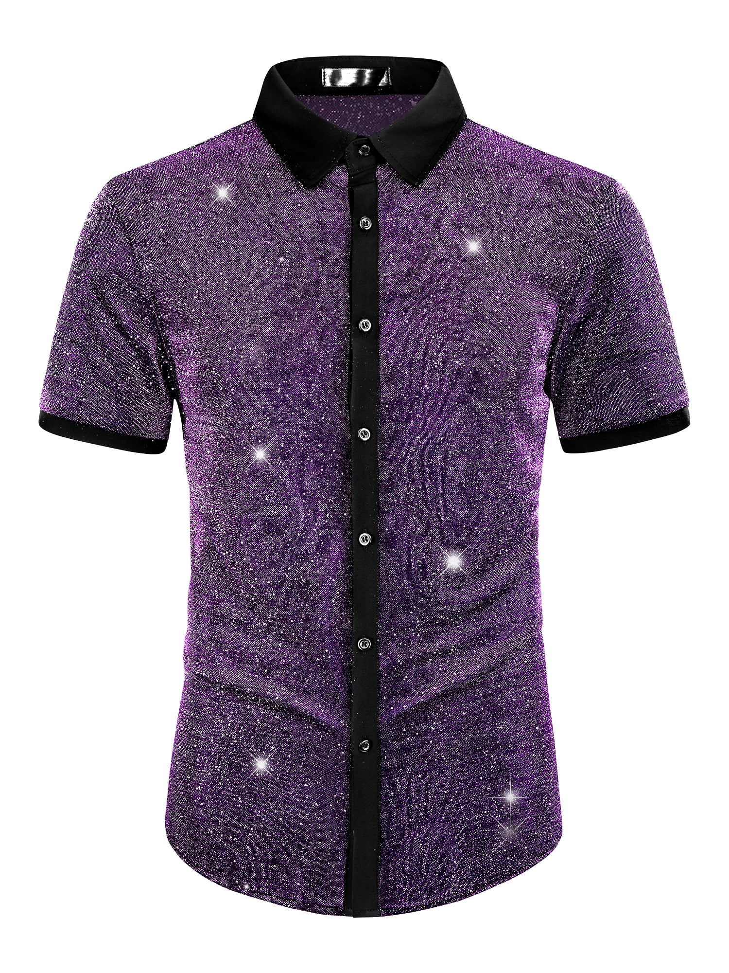 DARING DIVA Men's Metallic See Through Short Sleeves Disco Shiny Sheer Shirts XL Purple