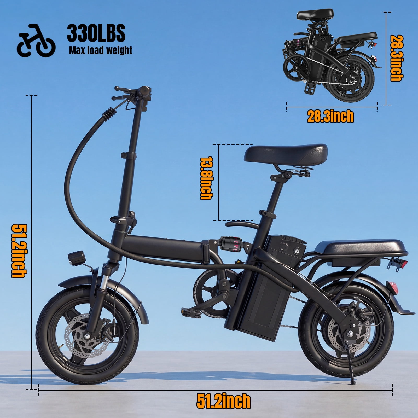 14''Foldable Adult Electric Bike, 48V 10ah 560W Motor, 3-Speed Gearing, Dual Spring Shock Absorbers, Front And Rear Led Safety Lights, Portable Design, With Basket/Phone Holder/Lock