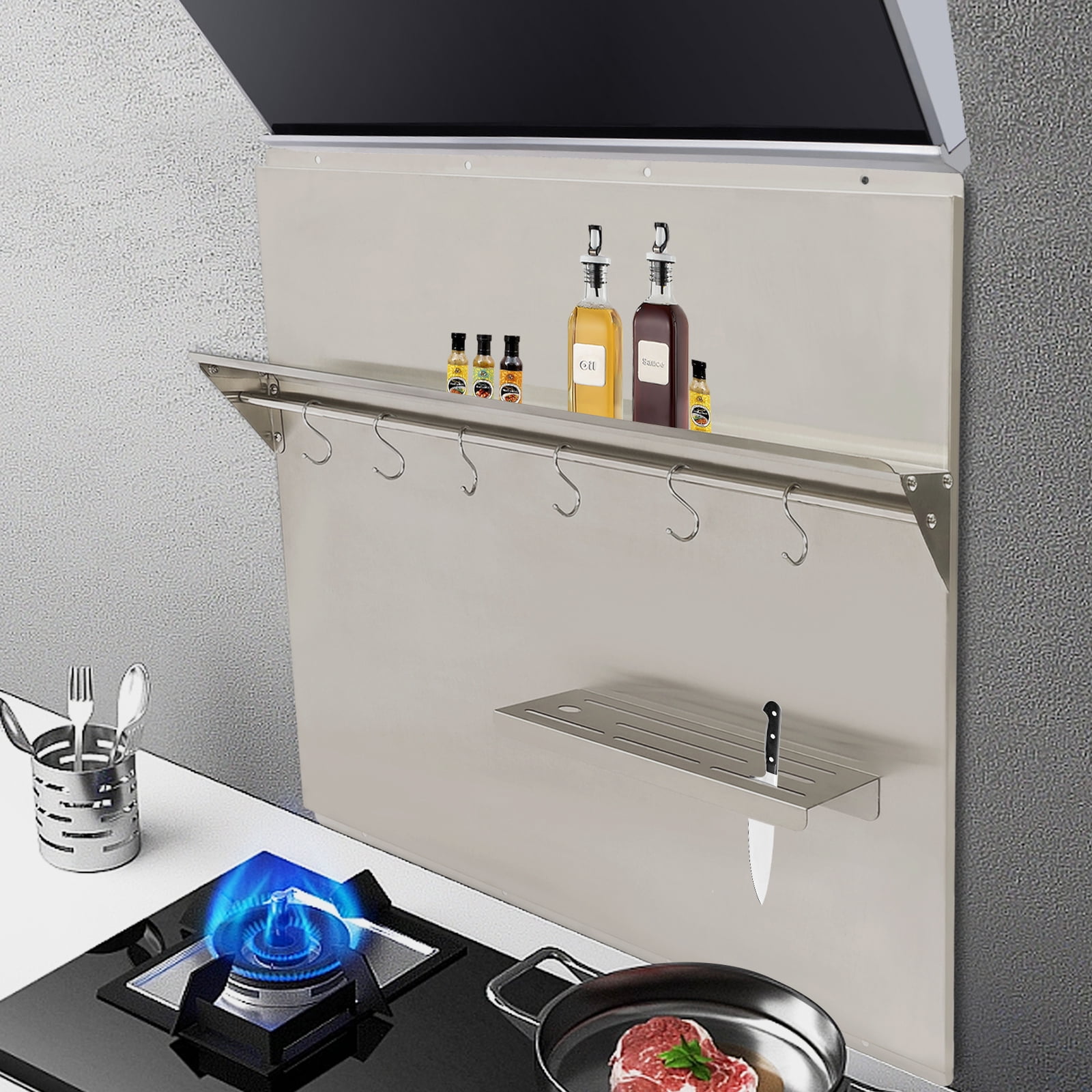 Range Hood Backsplash with Shelf, 201 Stainless Steel Construction, Includes 6 Hooks and Cutting Board Holder, Easy to Clean and Install
