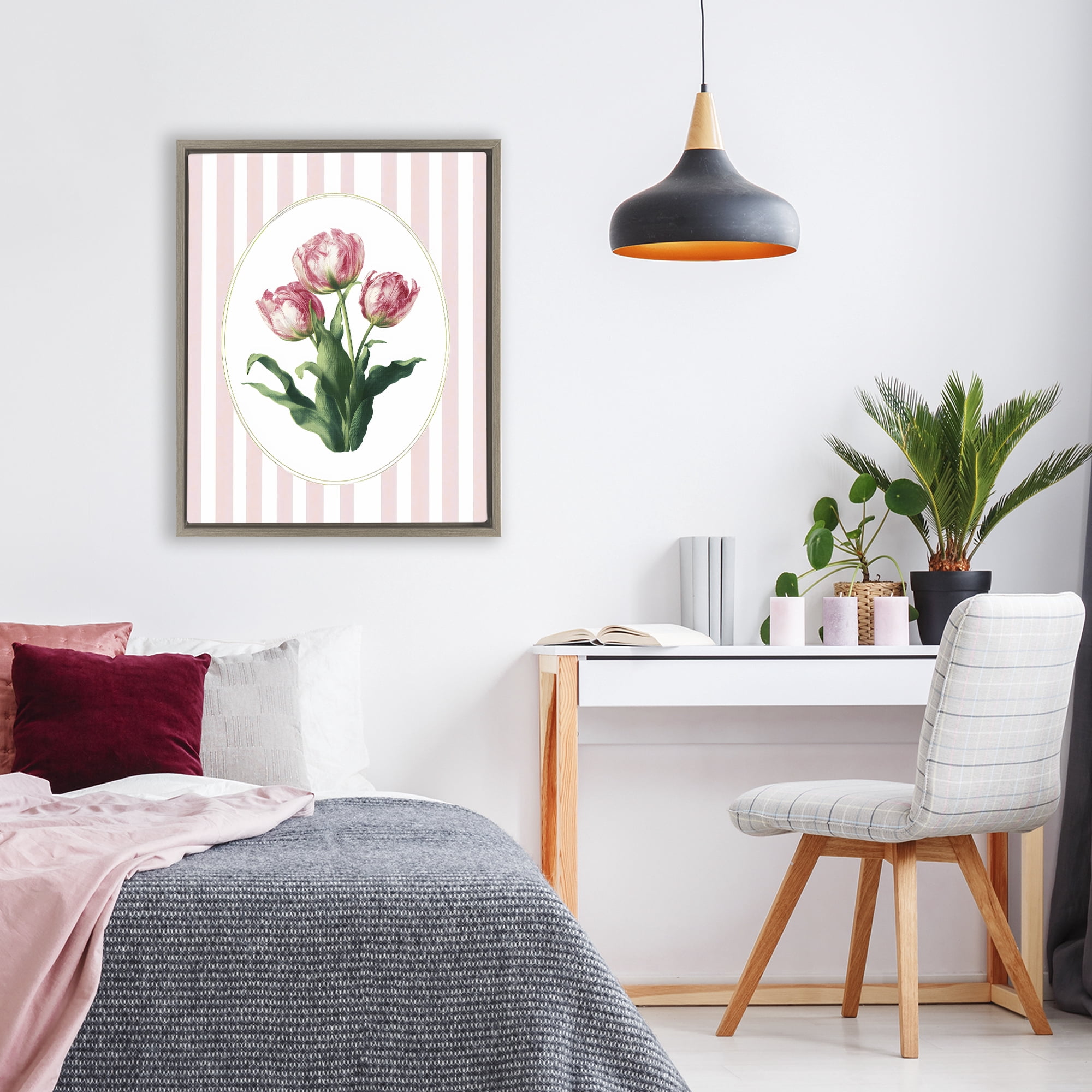 Stupell Industries Spring Tulips on Stripes Brown Framed Floater Canvas Wall Art, design by Ink Drop Loft