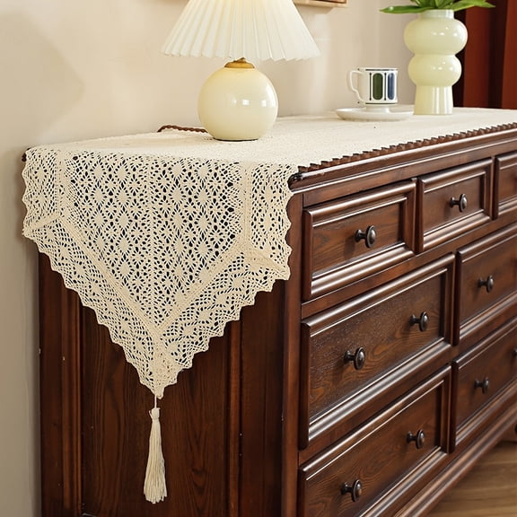 French Lace Table Runner, Boho Farmhouse Decor Off White Beige 16.5x47.3in Knitted Crochet Rustic Table Runner for Dining Table, Coffee Table, Wine Cabinet, TV Cabinet Decoration