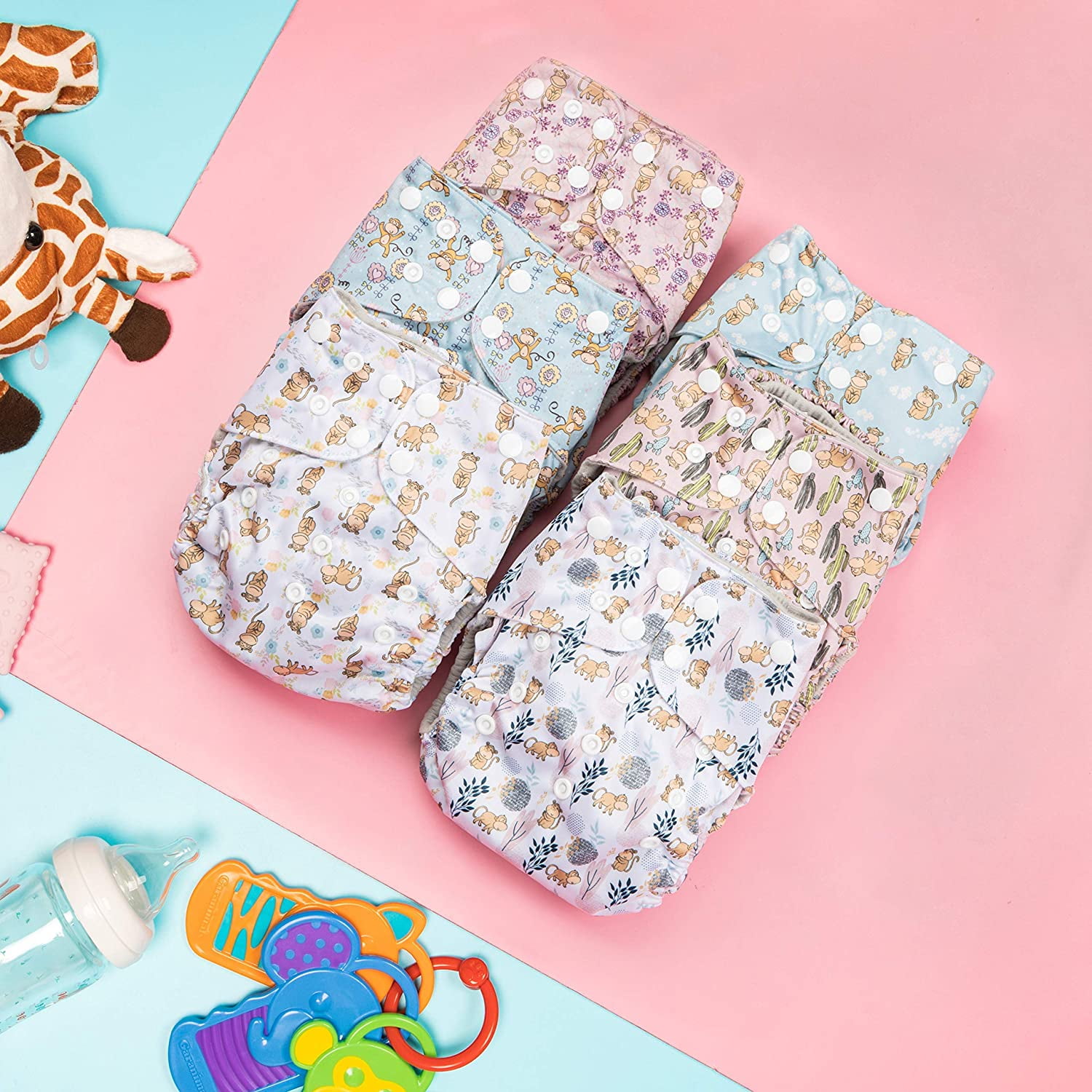 Simple Being Reusable Cloth Diapers,6 Pack Pocket Adjustable Size,Waterproof Cover,6 Inserts,Wet Bag, Double Gusset (Monkey)