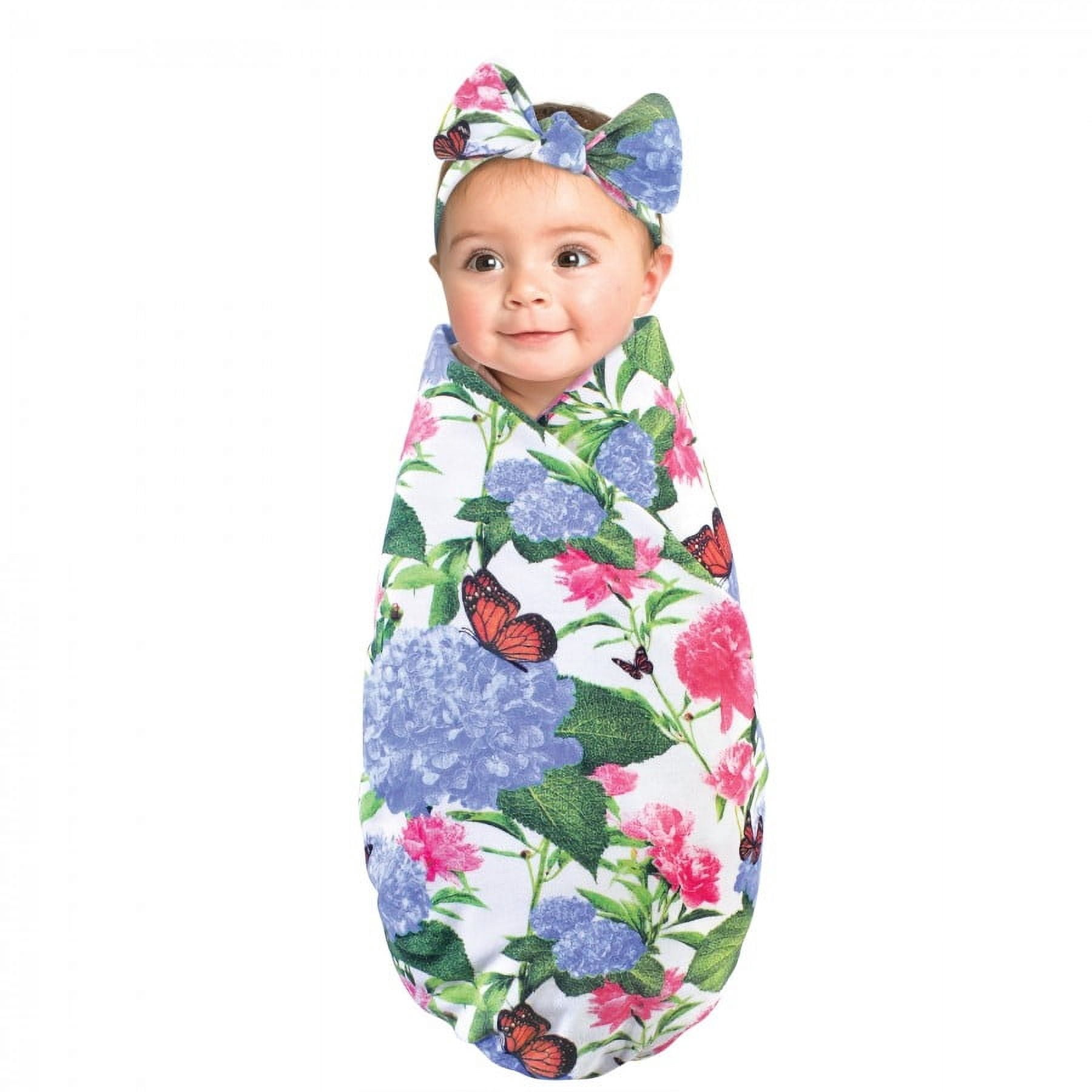 Touched by Nature Infant Girl Organic Cotton Swaddle Blanket and Headband, Hydrangea Monarch, 0-6 Months