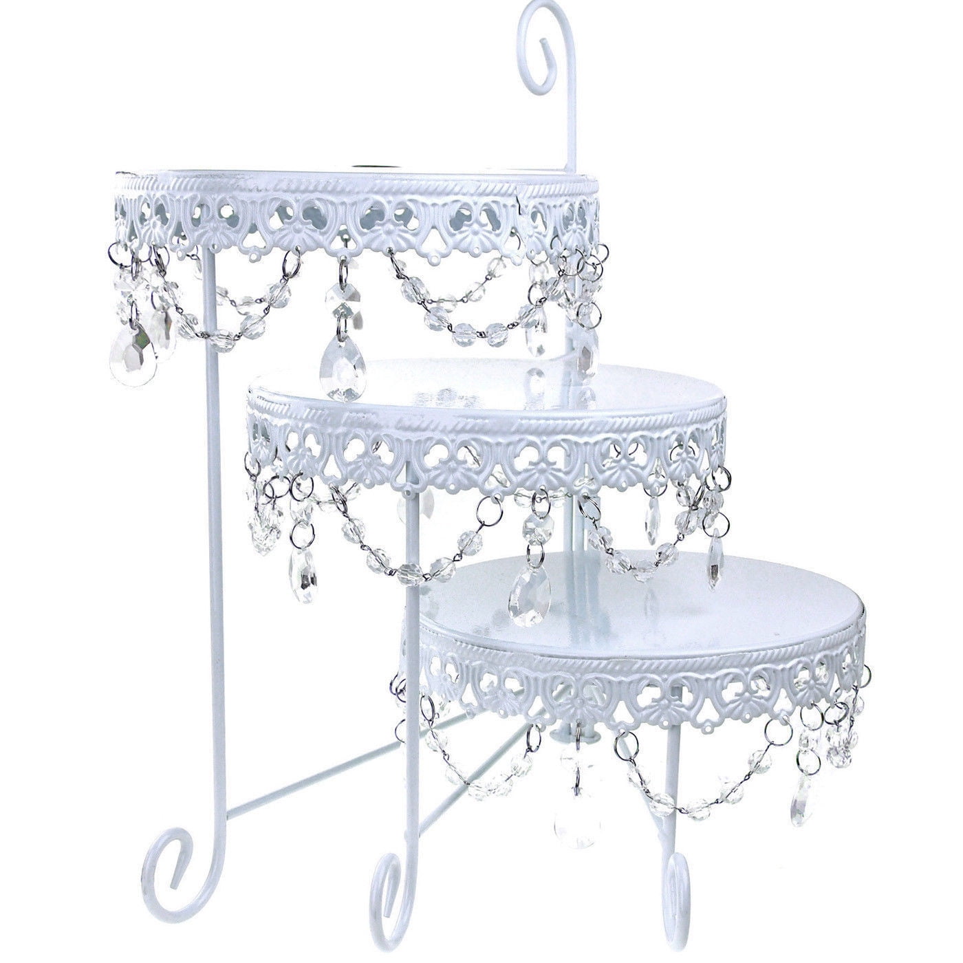White Three Layer Round Metal Cake Stand with Hanging Crystals 15-Inch