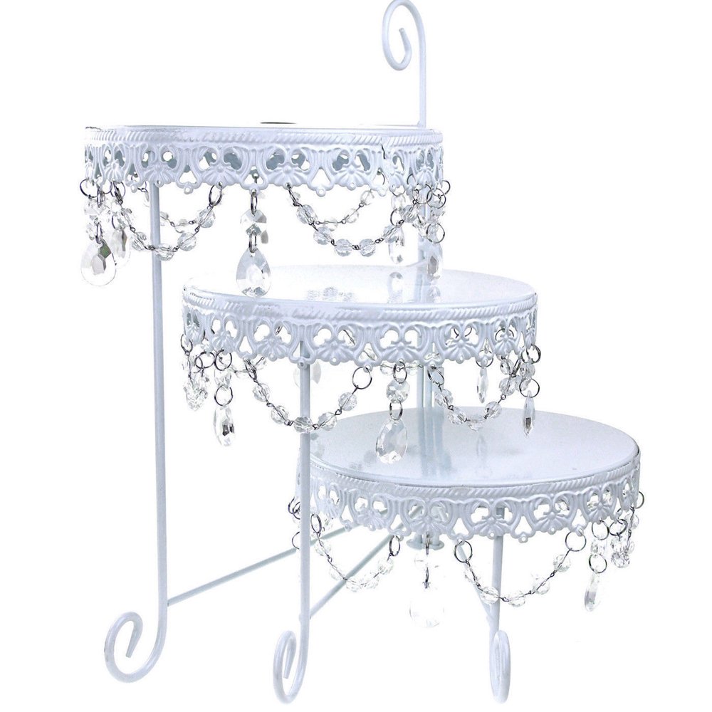 Three Layer Round Metal Cake Stand with Hanging Crystals, White, 15