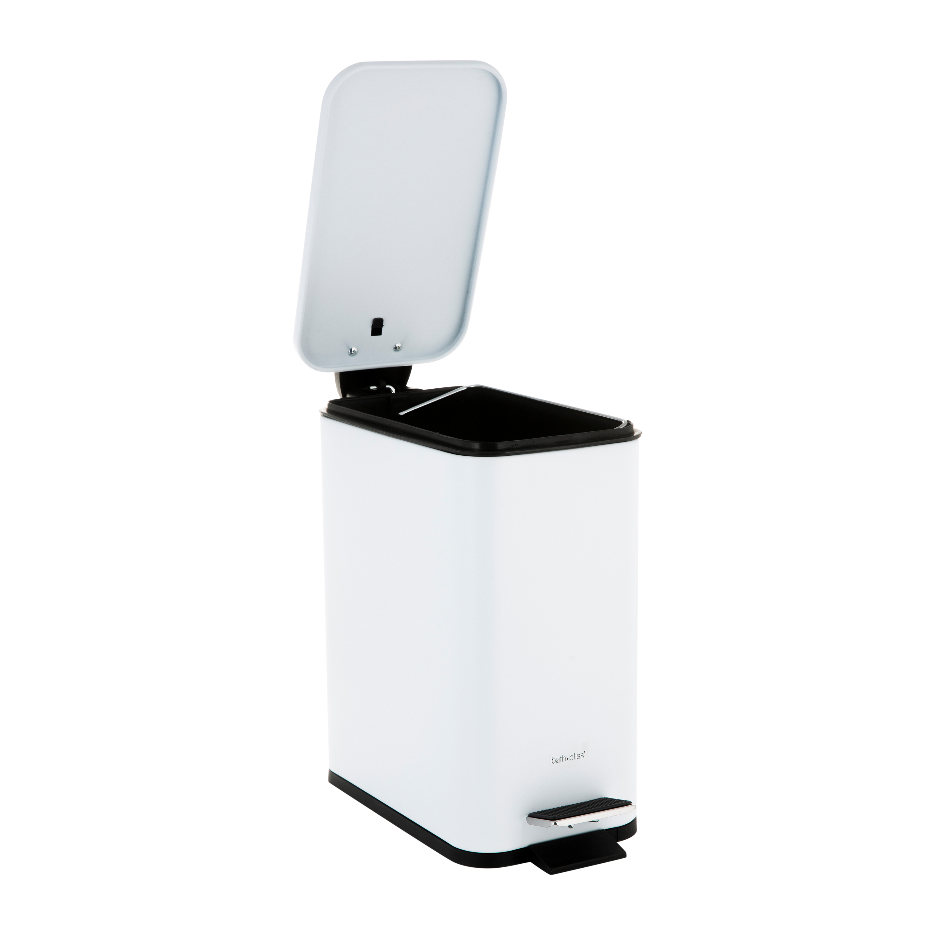 Bath Bliss Slim 1.3 gal Iron Step Pedal Bathroom Wastebasket with Soft Close Lid, White