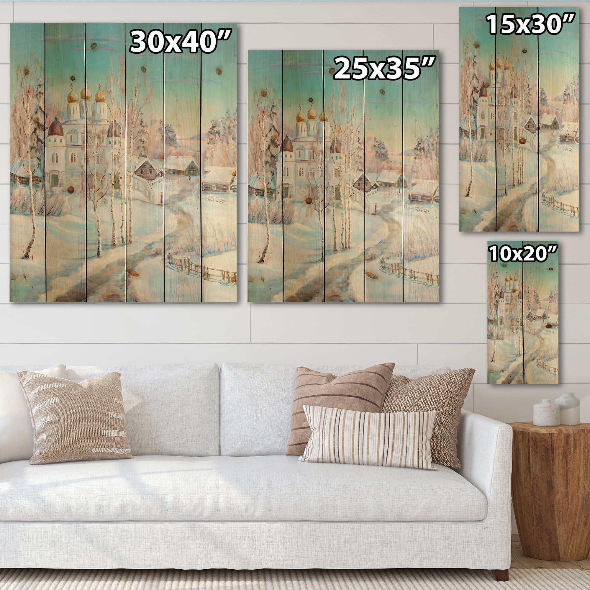 Designart 'Temple Over Country Road In Winter Landscape' Traditional Print on Natural Pine Wood