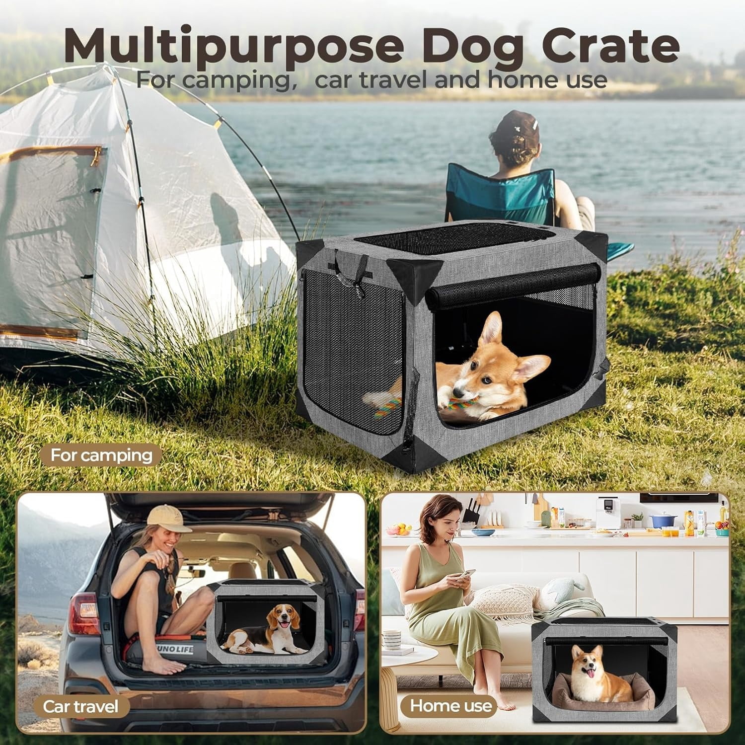 Dog Crate, Collapsible Soft Travel Crate for Large Dogs, Indoor & Outdoor Portable Pet Kennel with Chew-Proof Mesh Window (Dark Gray, 30" L x 21" W x 21" H)