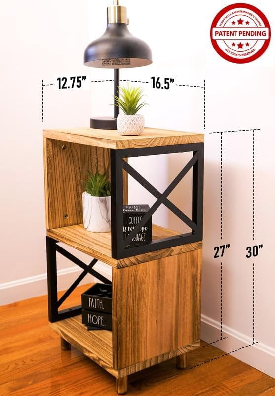 Premium Home 30” Tall Wood Side Table with Shelf – Narrow End Table, Natural Finish