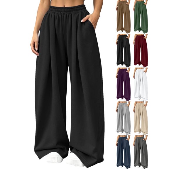 Women's Oversized Winter Wide Leg Sweatpants Elastic Waist Loose Fit Solid Color Casual Lounge Everyday Pants with Pockets