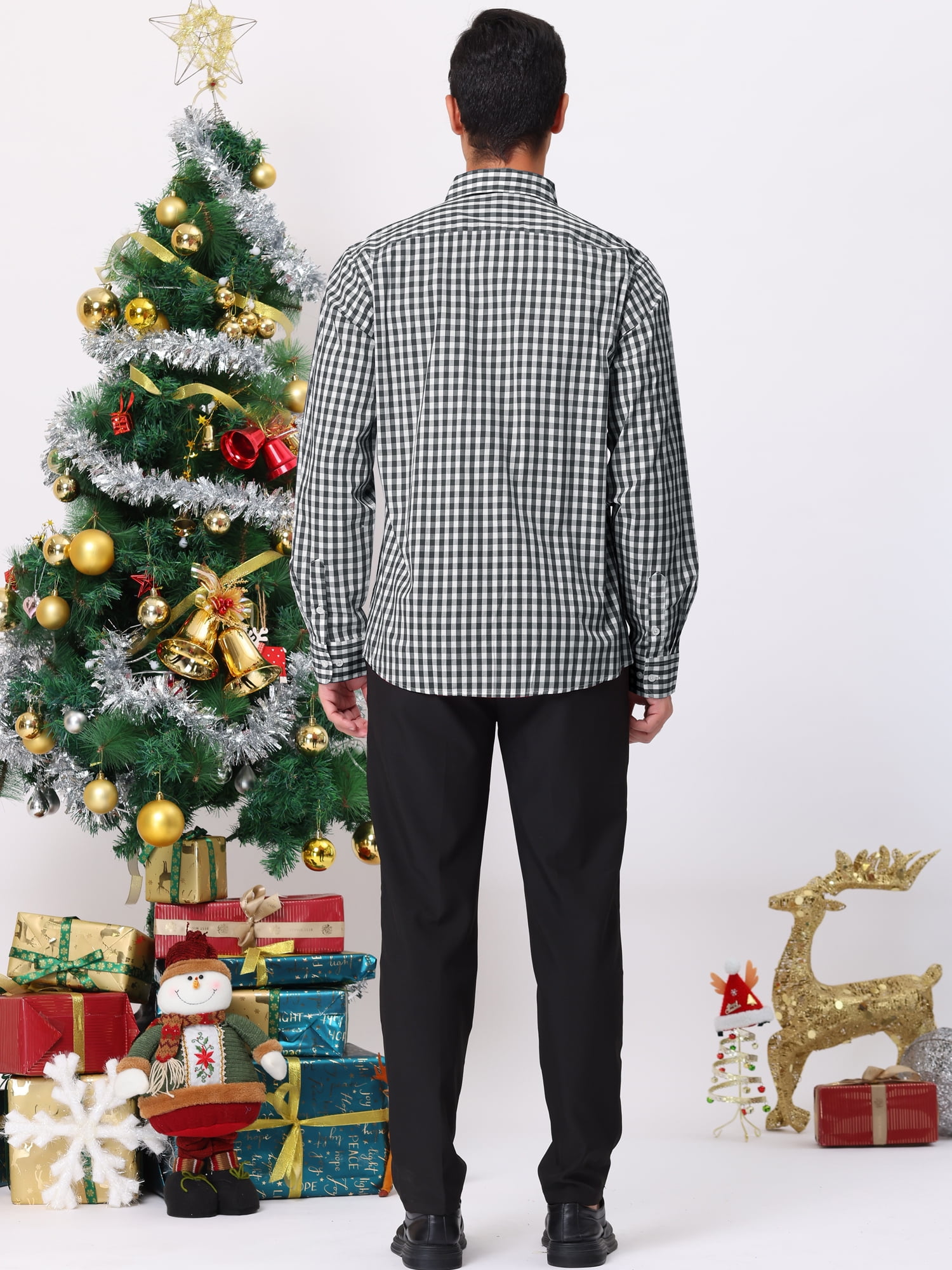 Unique Bargains Men's Plaid Button Down Long Sleeves Dress Checkered Shirts XL Black White